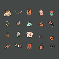 Valentine's Day set of symbols.Calligraphy. Vector illustration. Boho colour on dark grey background. set of hand symbols for wedding invitation and romantic
