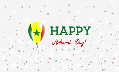 Senegal National Day patriotic poster. Flying Rubber Balloon in Colors of the Senegalese Flag. Senegal National Day background with Balloon, Confetti, Stars, Bokeh and Sparkles.