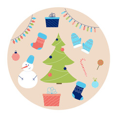 Christmas tree, garland, socks, snowman, balls, mittens, candy. Vector illustration