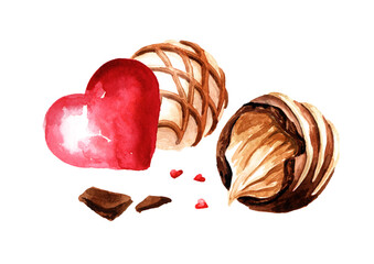Chocolate candies and Hearts. The concept of love, Valentines Day. Hand drawn watercolor illustration isolated on white background