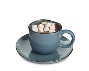 Cup of delicious hot chocolate with marshmallows isolated on white