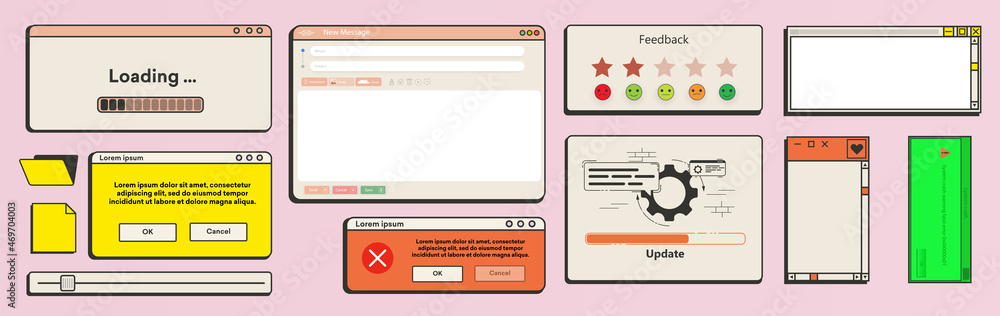 Poster old user interface. a set of flat ui and ux elements: dialog box, tab, button, modal window. collect