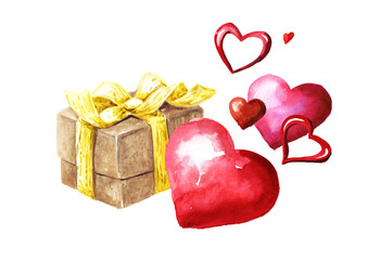 Hearts and gift box. The concept of love, Valentines Day. Hand drawn watercolor illustration isolated on white background