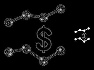 Glossy polygonal mesh web dollar trend charts icon with glow effect on a black background. Constellation dollar trend charts iconic vector with glowing points in majestic colors.