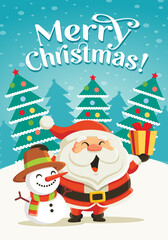 Merry Christmas greeting card with cartoon Santa Claus and snowman in snow and christmas trees scenery 