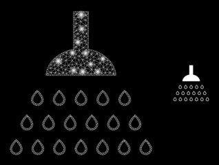 Glossy polygonal mesh web shower icon with glare effect on a black background. Network shower iconic vector with glitter spheres in magic colors. Abstraction 2d mesh is designed with polygonal grid,