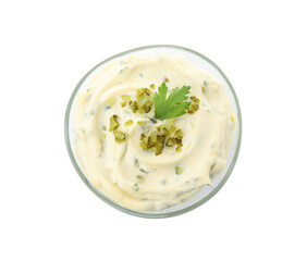 Tartar sauce in bowl isolated on white, top view