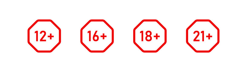 Mark age limit. Set icons 12, 16, 18 and 21 plus. Set of age restriction signs. Vector illustration