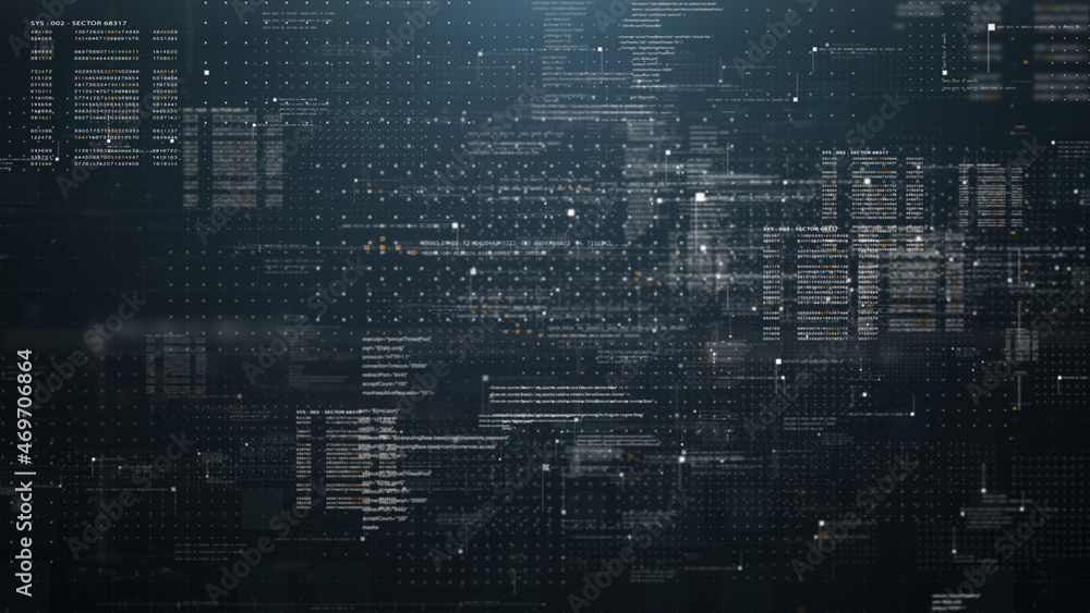 Aufkleber Futuristic simulation of 5G network concept, artificial intelligence quantum physic matrix particles deep learning performing analytic computational head up display