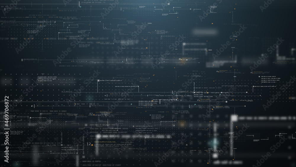Aufkleber Futuristic simulation of 5G network concept, artificial intelligence quantum physic matrix particles deep learning performing analytic computational head up display