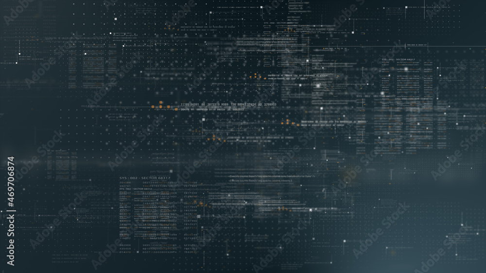 Aufkleber Futuristic simulation of 5G network concept, artificial intelligence quantum physic matrix particles deep learning performing analytic computational head up display