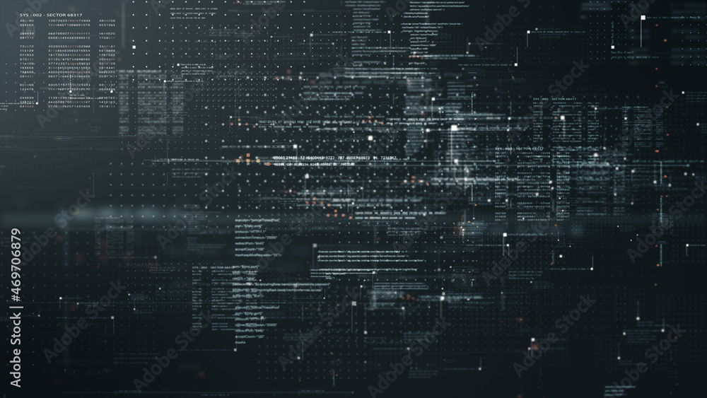 Aufkleber Futuristic simulation of 5G network concept, artificial intelligence quantum physic matrix particles deep learning performing analytic computational head up display