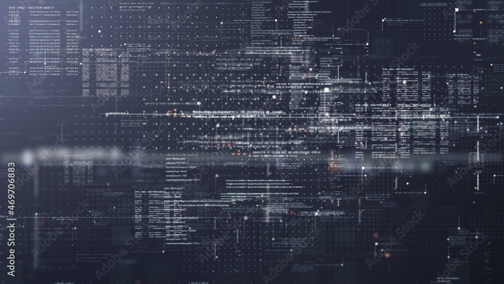 Aufkleber Futuristic simulation of 5G network concept, artificial intelligence quantum physic matrix particles deep learning performing analytic computational head up display