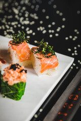 Perfect Sushi Japanese Asian Seafood Food Dish Drink Cocktail Dessert Menu Gourmet Restaurant Chef on Dark Background