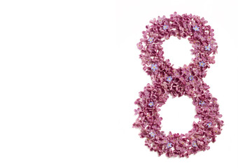 8 march greeting card. Number eight shape lilac flowers isolated on white background. Womens day card. Template for greeting card, web design