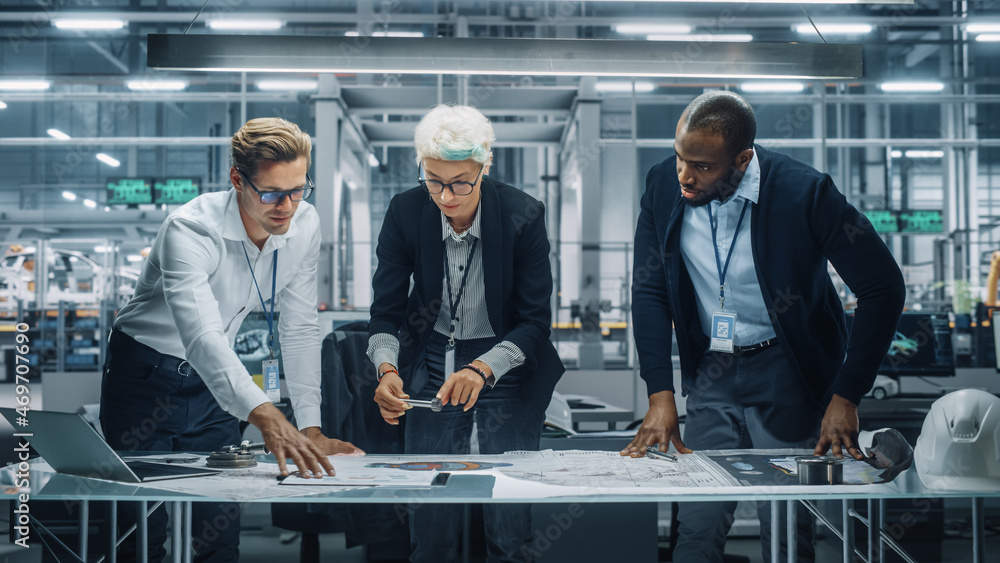 Aufkleber Young Diverse Team of Automotive Engineers Working in Office at Car Factory. Industrial Designer Talks About Electric Engine Parts with Colleagues, Discussing Technical Blueprint for Mobility Project.