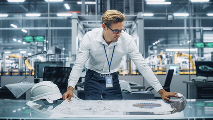 Professional Engineer in White Shirt Looking at a Technical Blueprint at Work in an Office at Car...