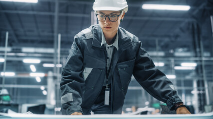 Fototapeta na wymiar Close Up Portrait of Female Engineer Looking at a Technical Blueprint at Work in an Office at Car Assembly Plant. Industrial Specialist Working on Vehicle Parts in Technological Development Facility.