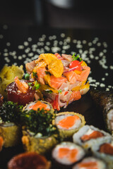 Perfect Sushi Japanese Asian Seafood Food Dish Drink Cocktail Dessert Menu Gourmet Restaurant Chef on Dark Background