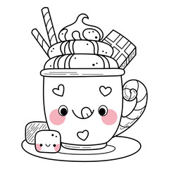 Kawaii cup of sweet drink coloring page for kids. Cartoon vector illustration