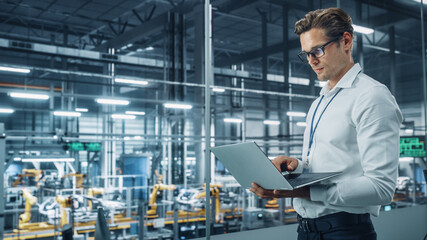 Handsome Engineer in Glasses and White Shirt Using Laptop Computer and Looking Out of the Office at...