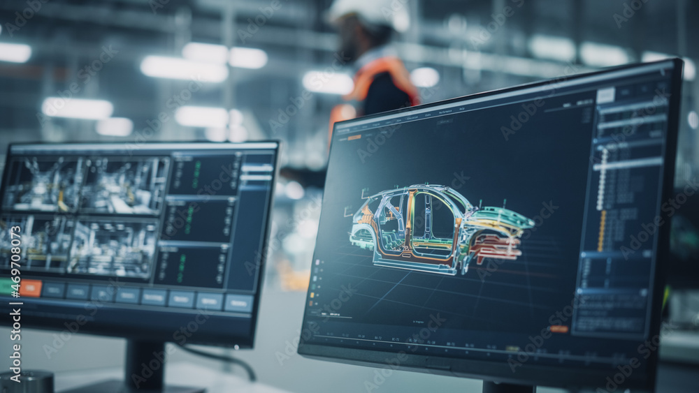 Fototapete Office at Car Assembly Plant. Close Up Shot of a Modern Computer Computer Monitor with Factory Line Management System, Overviewing Autonomous Car Production, Showing Car Structure.