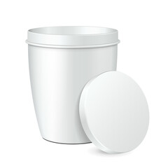 Open Cup Tub Food Plastic Container For Dessert, Yogurt, Ice Cream, Sour cream Or Snack. Illustration Isolated On White Background. Mock Up Template Ready For Your Design. Vector EPS10