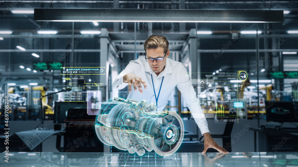Poster confident engineer in white shirt working on jet engine with use of augmented reality hologram in an