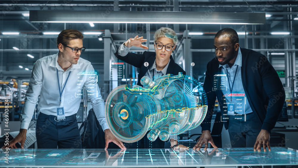 Poster diverse team of engineers working in office at industrial factory. industrial designers discuss jet 