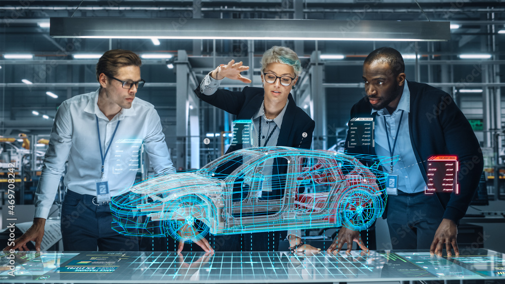 Poster diverse team of engineers working in office at industrial factory. industrial designers discuss elec