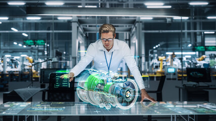 Confident Engineer in White Shirt Working on Jet Engine with Use of Augmented Reality Hologram in...