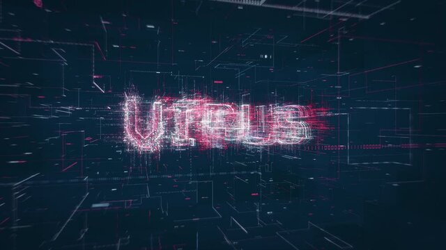 Virus title key word build up animation on a binary code digital network background