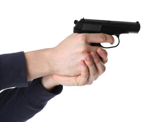 Man aiming gun on white background, closeup