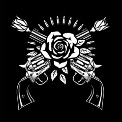 Two crossed pistols and roses on a dark background. Vector illustration.