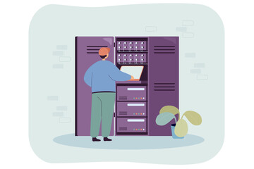 Sysadmin engineer working at switchboard with server rack. Professional electrician man fixing power cable flat vector illustration. Telecommunication network and internet equipment concept