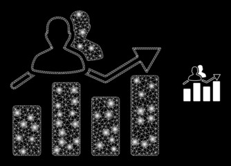 Glossy polygonal mesh net visitors bar chart icon with glow effect on a black background. Wire frame visitors bar chart iconic vector with glowing points in vibrant colors.