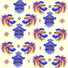 Fototapeta na wymiar Papua batik with colorful bird of paradise pattern and blue native papua shield.