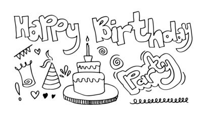 set of hand drawn doodle cartoon objects and symbols on the birthday party.