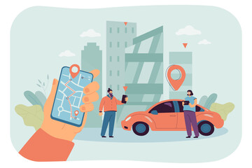 Fototapeta premium Male and female characters standing on road near car with phones and finding location using GPS app. City navigation in smartphone and tablet flat vector illustration. Delivery, GPS system concept