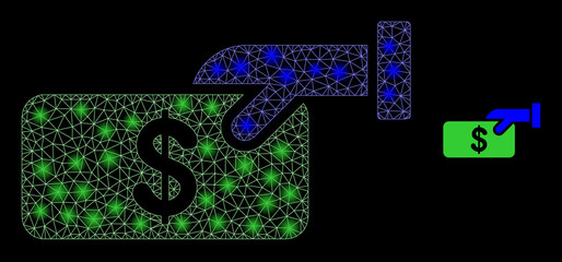 Glossy polygonal mesh web pay cash icon with glare effect on a black background. Carcass pay cash iconic vector with illuminated dots in bright colors. Abstract flat mesh built from polygonal grid,