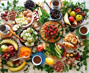 Soft focus or blurry focus.Photo above.A lot of wholesome vegetarian food on the table, ready to receive guests. Healthy homemade food.