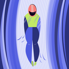 Winter sport game with speeding luge man on ice track sled. Vector illustration in flat design style art