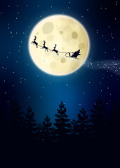 Santa Claus flying in his sleigh over the moon. Flying over the forest. Starry sky background. Vector illustration