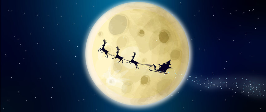 Santa Claus flying in his sleigh over the moon. huge moon. Deep blue starry sky background. Vector illustration
