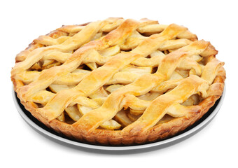 Delicious traditional apple pie isolated on white