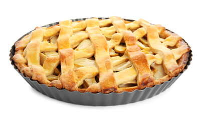 Delicious traditional apple pie isolated on white