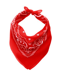 Tied red bandana with paisley pattern isolated on white, top view - obrazy, fototapety, plakaty