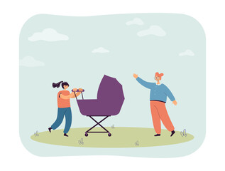 Girl waving hand to friend walking with buggy. Children playing together in fresh air flat vector illustration. Childhood, role-playing game concept for banner, website design or landing web page