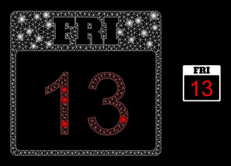 Glossy polygonal mesh web 13 friday calendar page icon with glitter effect on a black background. Wire frame 13 friday calendar page iconic vector with glowing dots in magic colors.