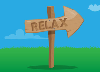 Relax text on Wooden sign. Cartoon vector illustration.